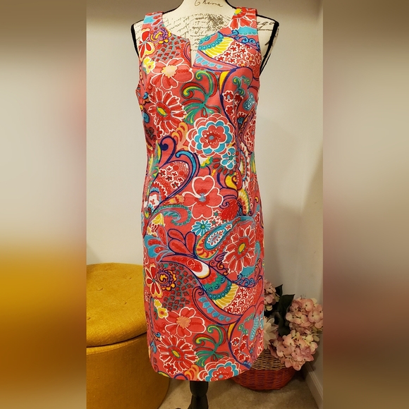TALBOTS WOMEN'S Pink Sleeveless Textured Shift Dress-Mod Floral,Size 6. - Picture 2 of 10